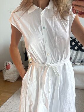 Ellen Tracy White Sleeveless Tie-Waist Midi Shirt Dress